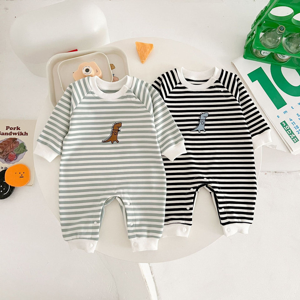 Springautumn Arrivée Stripped Dinosaur-broidered bébé Romper Pour 0 2 ans