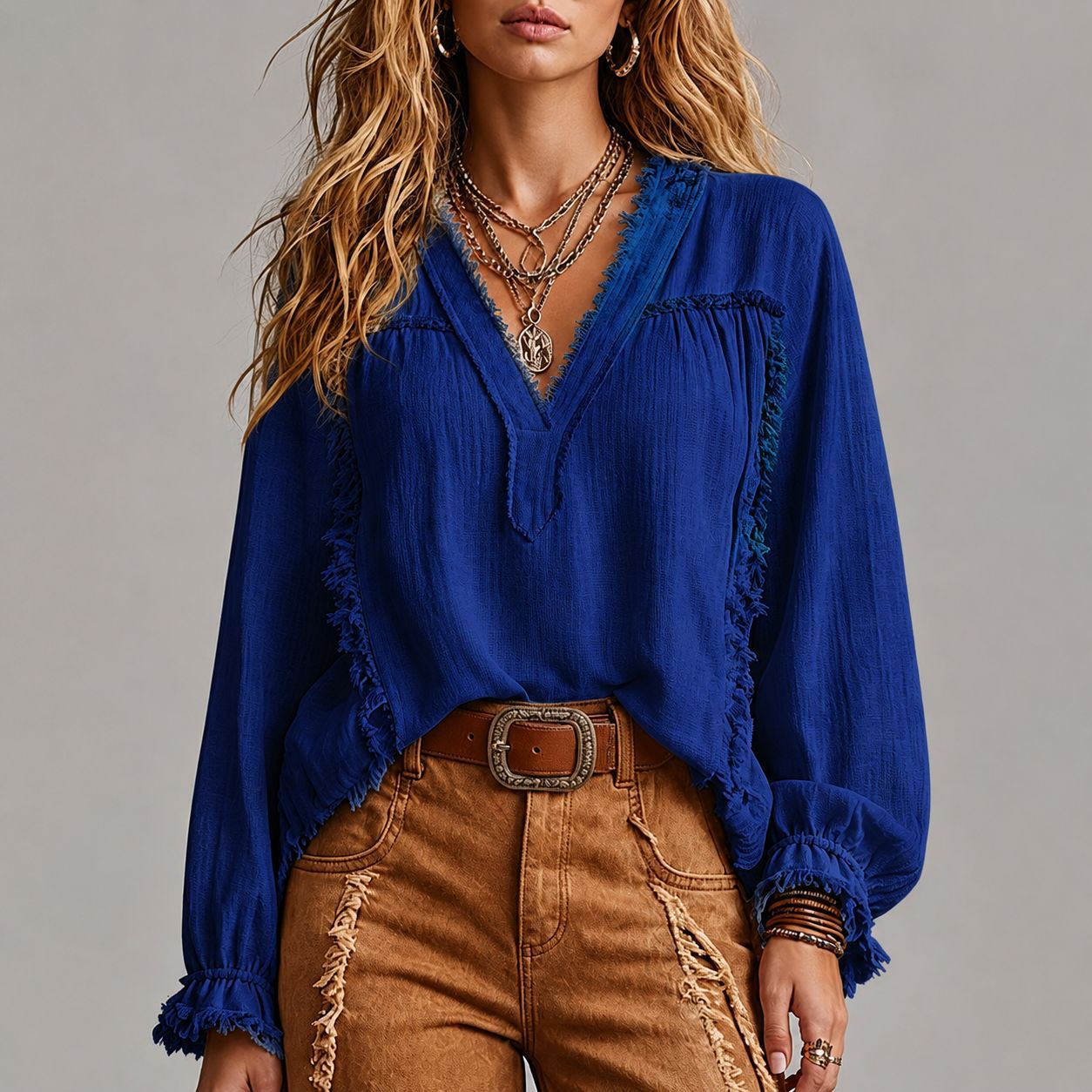Chemise vintage en couleur solide pour femmes avec manches longues en collier Et des gâteaux