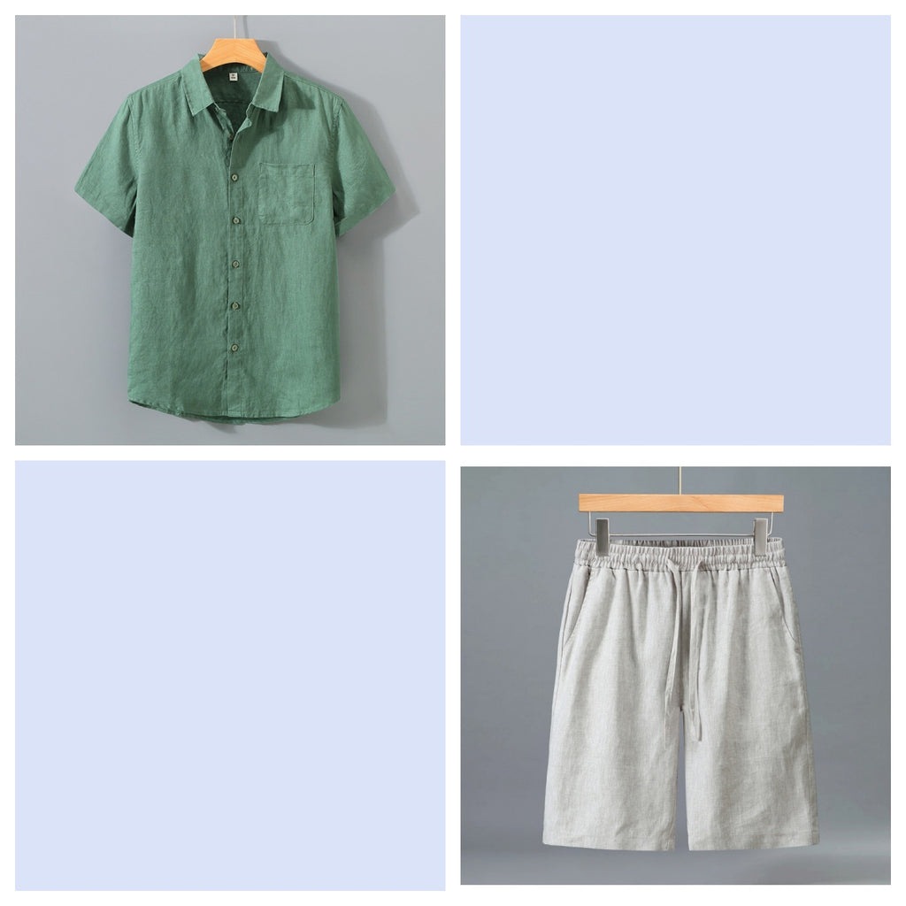 Short en lin pur pour homme et ensemble de chemises à manches courtes - Outfi léger décontracté d'été