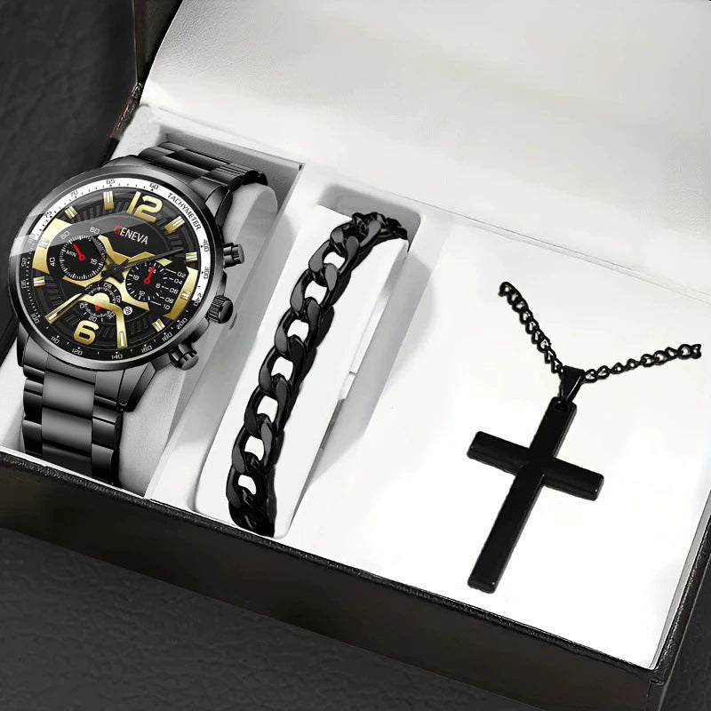 Men's Bracelet Cross Necklace and Watch Set