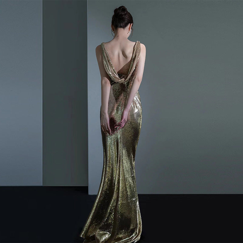 Robe de soirée en queue de poisson pour les femmes Élégante Sequins Réunion annuelle Sexy Backless