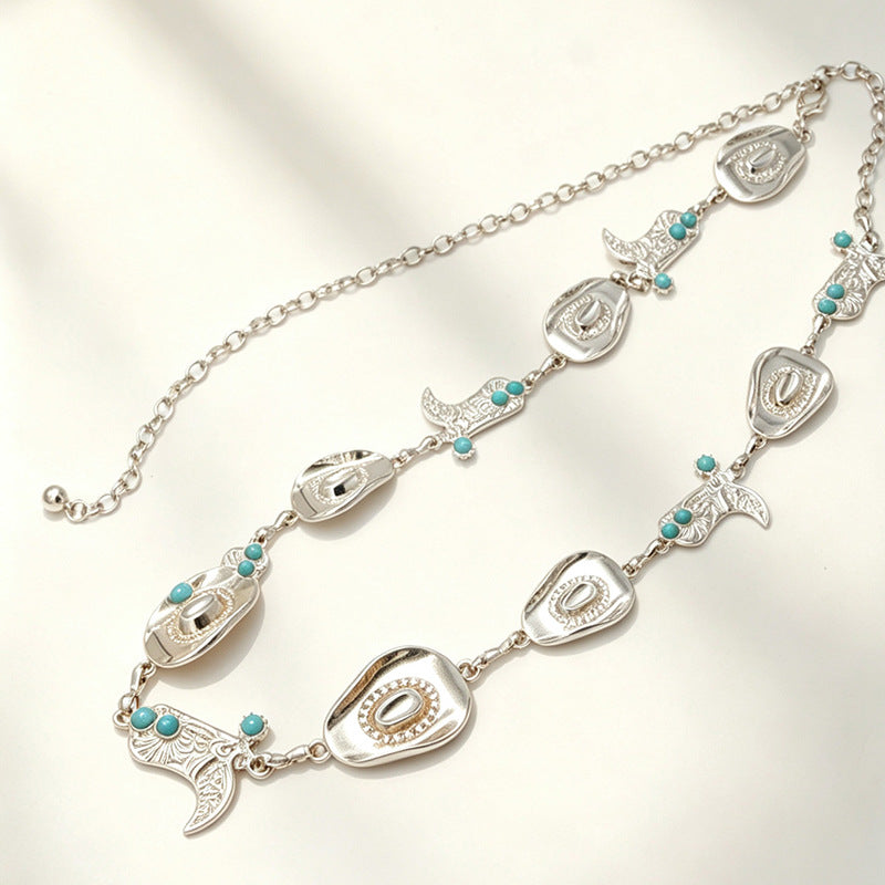 American Western Cowboy Waist Chain avec chapeau en métal turquoise et pendentifs de bottes