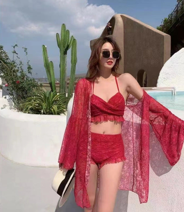 Femmes Couleur Solide Dentelle Casual Maillot de bain en trois parties