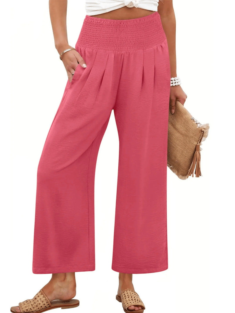 Printemps et automne Couleur solide Pantalons de femmes broyés haute taille taillés droit-leg Casual