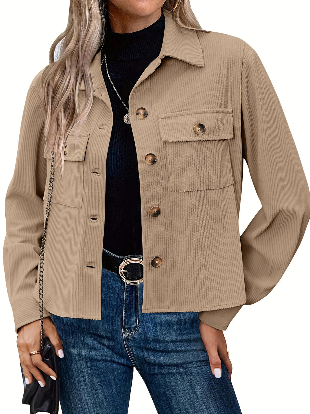 Femmes Casual Corduroy Bouton vers le bas Veste taillée Mode Court Top