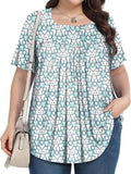 T-shirt casual à col rond à manches courtes avec imprimé floral plus taille
