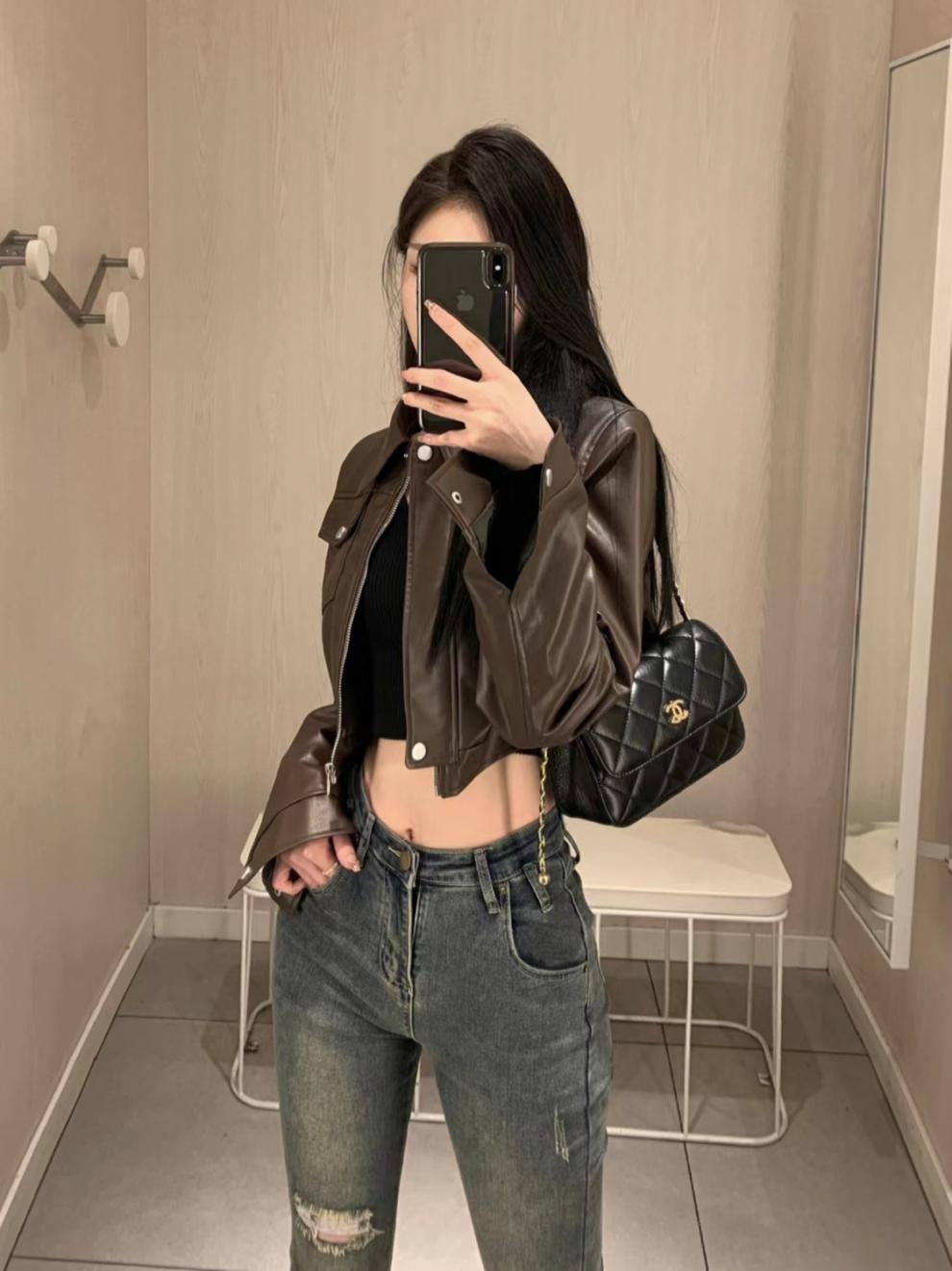 American Retro Sweet Cool Girl Style Coffee Color En Cuir Veste de Moto Top