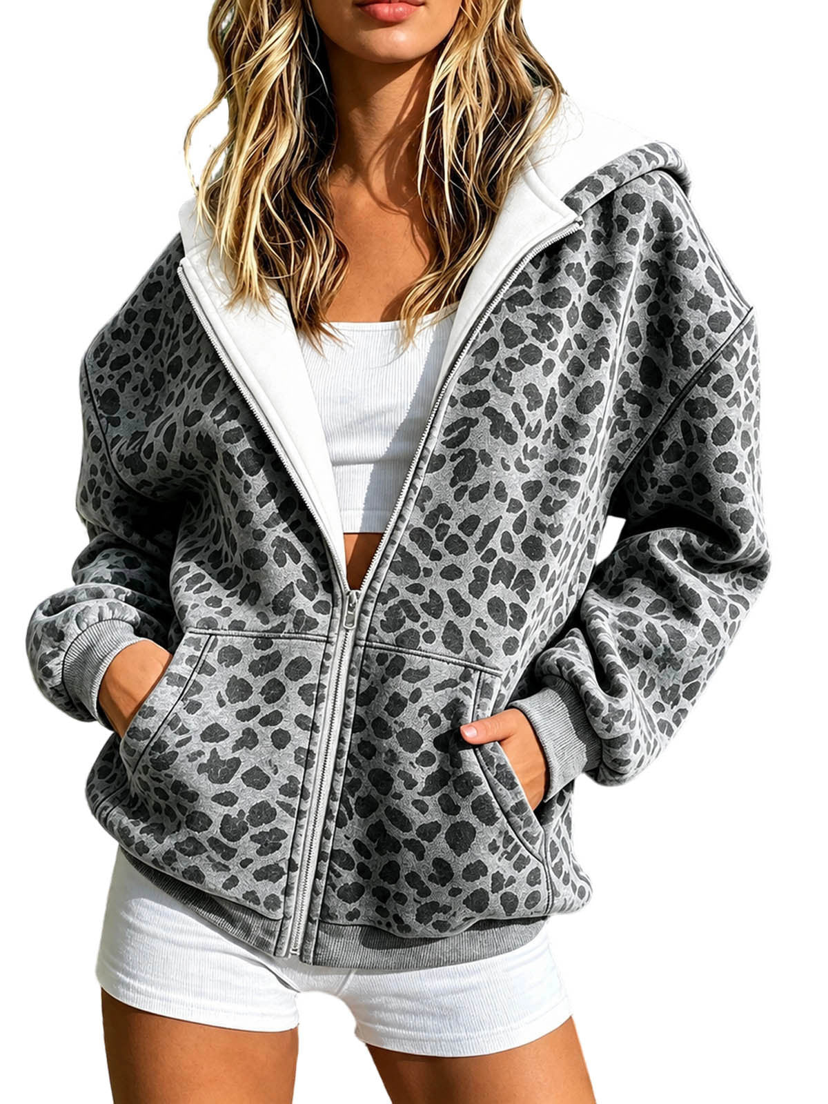 Cross Border European and American Women's Fashion Leopard Print Sweatshirt à capuche zippé