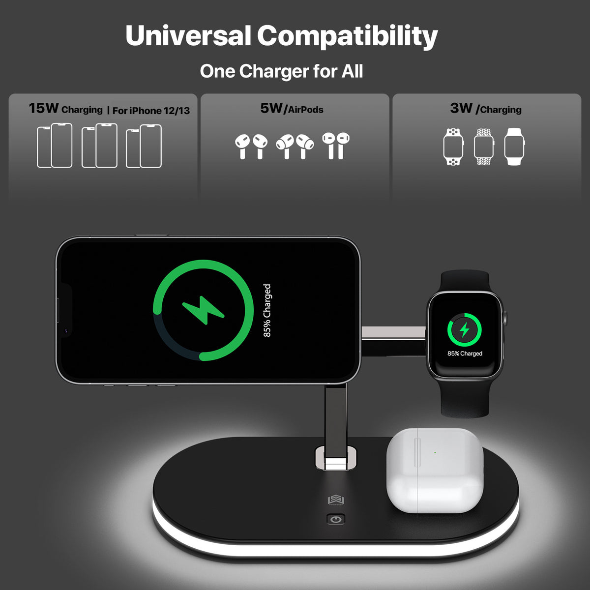 Trois-en-un Chargeur magnétique sans fil Fonction petite lampe de nuit