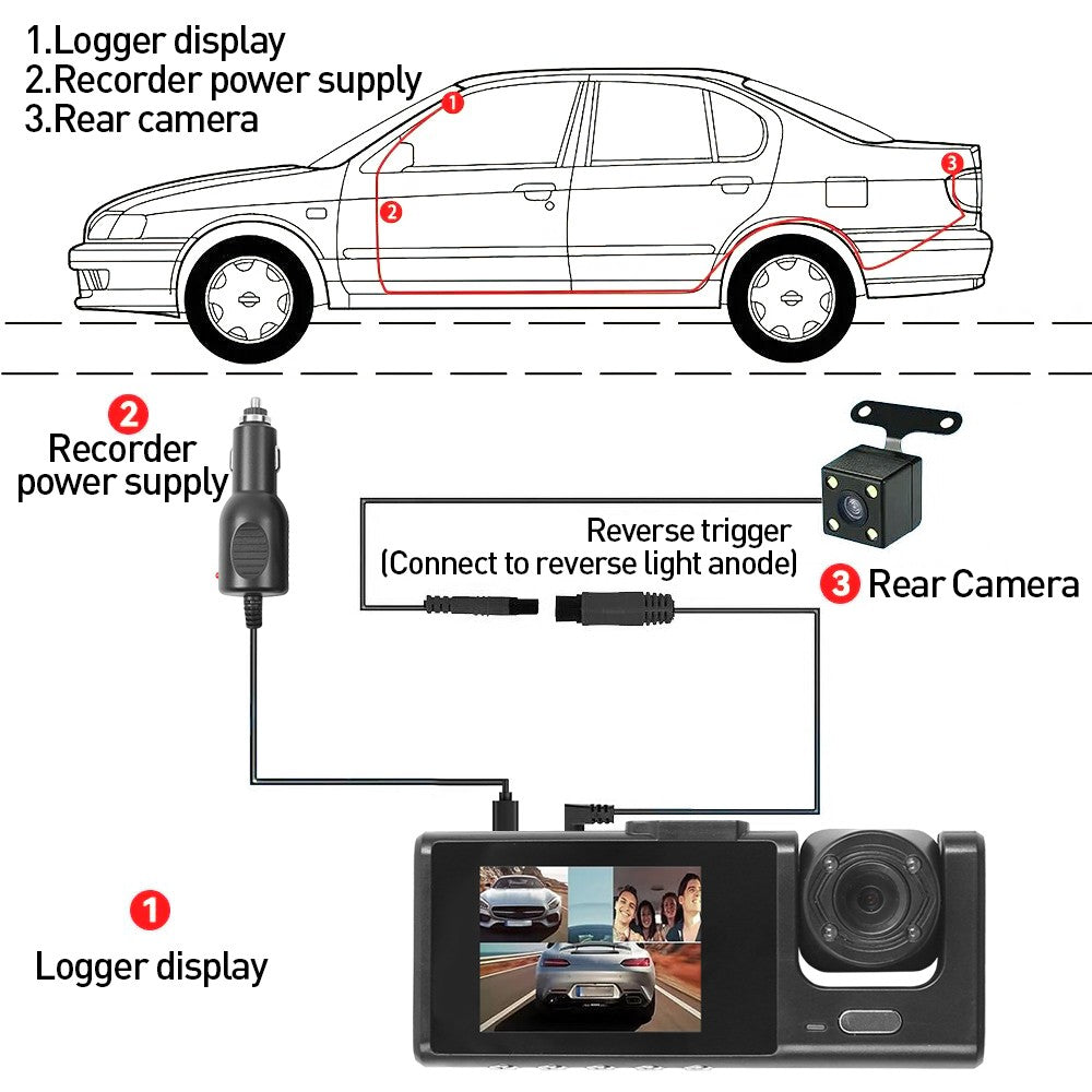 3 Lens Car Dash Cam Kit Caméra avant et arrière HD TAXI DVR Enregistreur de sécurité