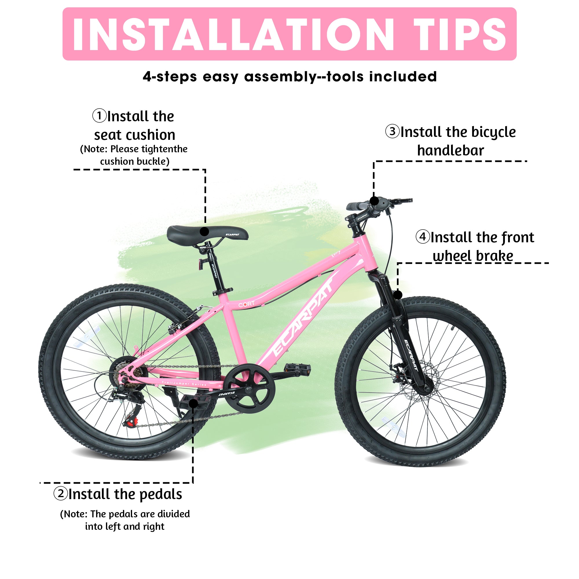 Vélo de montagne jeune 24 pouces avec 7 vitesses et suspension avant Cadre en acier durable