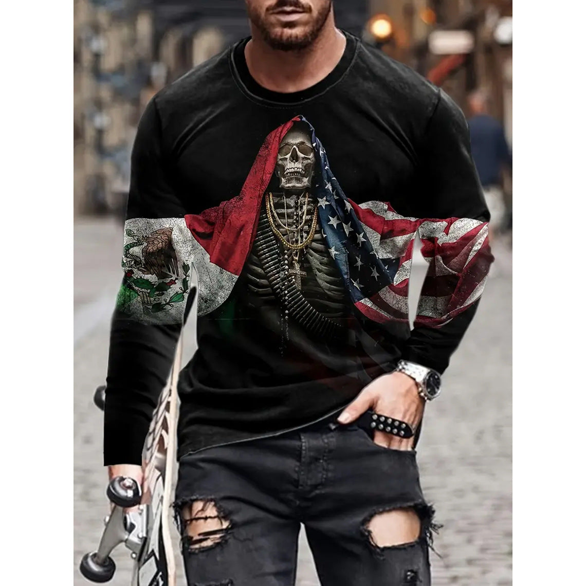 T-shirt retro homme 3D Imprimé Street Hip-hop Col rond Col rond Manches longues