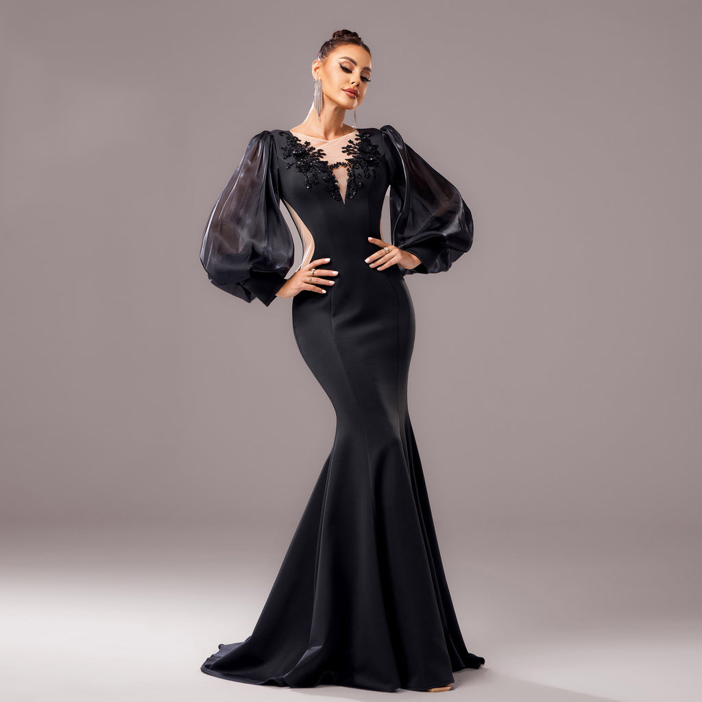 Robe à queue de poisson à manches longues pour banquet à col rond