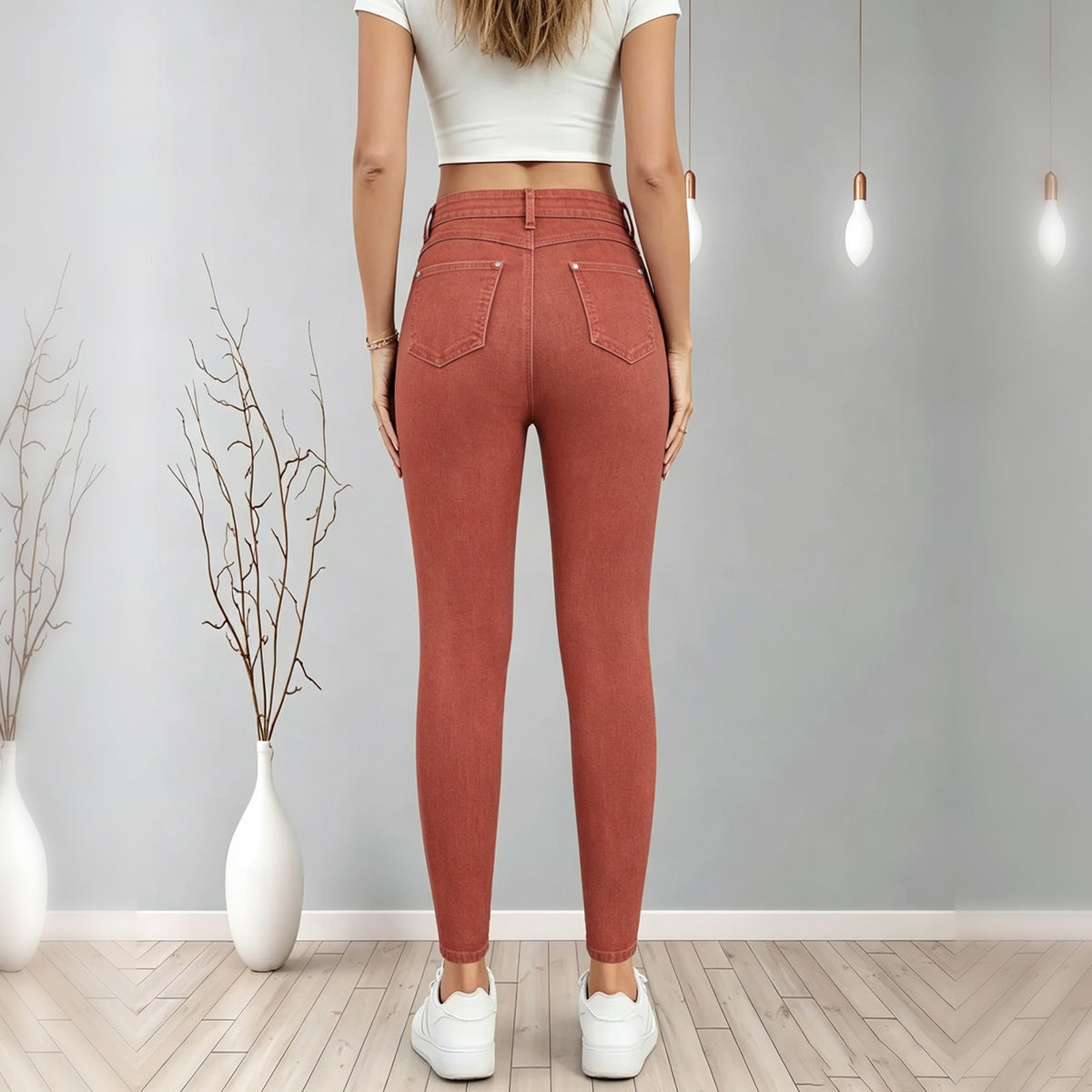 Femmes Brick Red High Waist Skinny Jeans