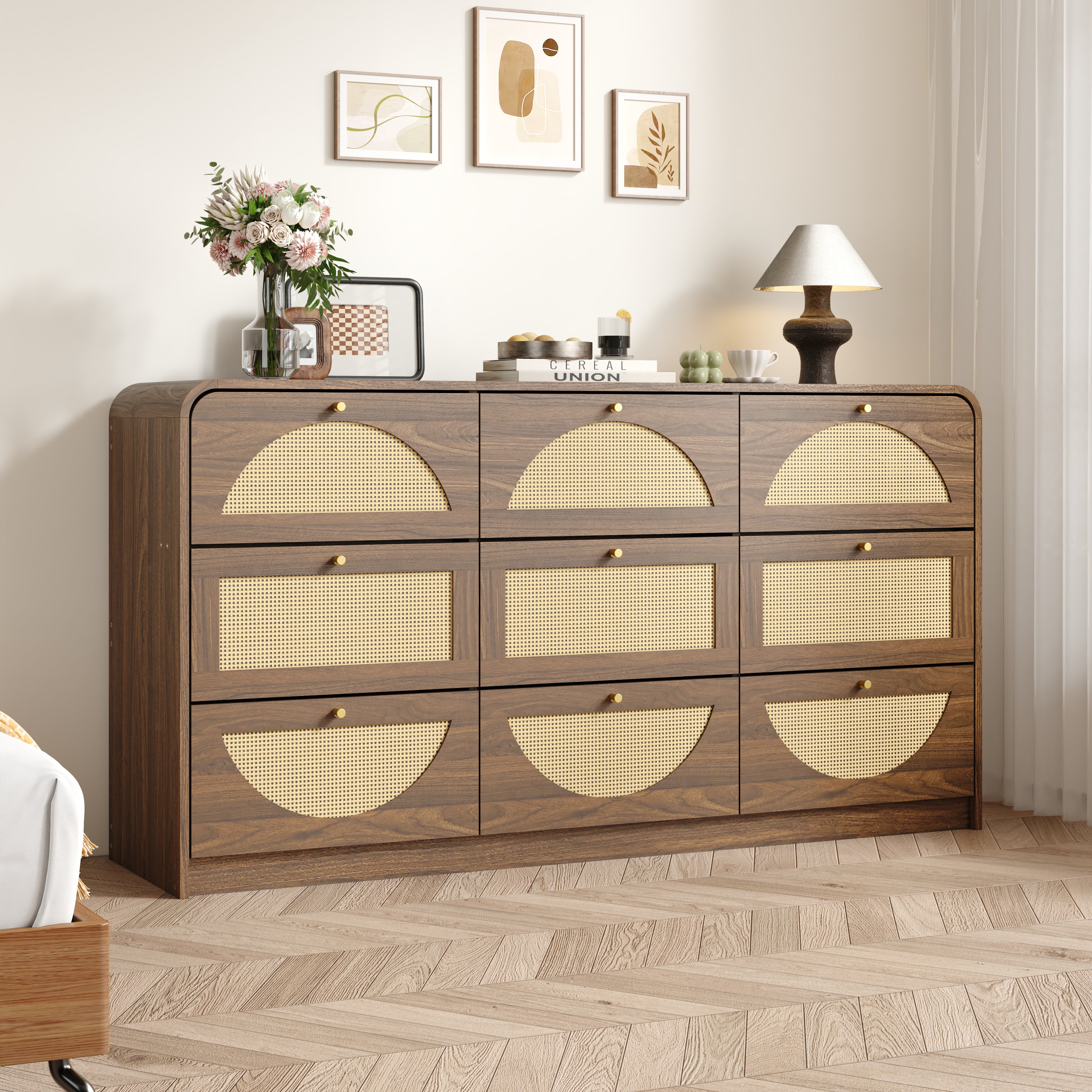 Finition de noix Dressing 9-Drawer avec Rattan Front
