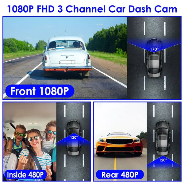 1080P FHD 3 Channel WiFi Dash Cam 170° Wide Angle Triple Car Camera with IR Night G-Sensor