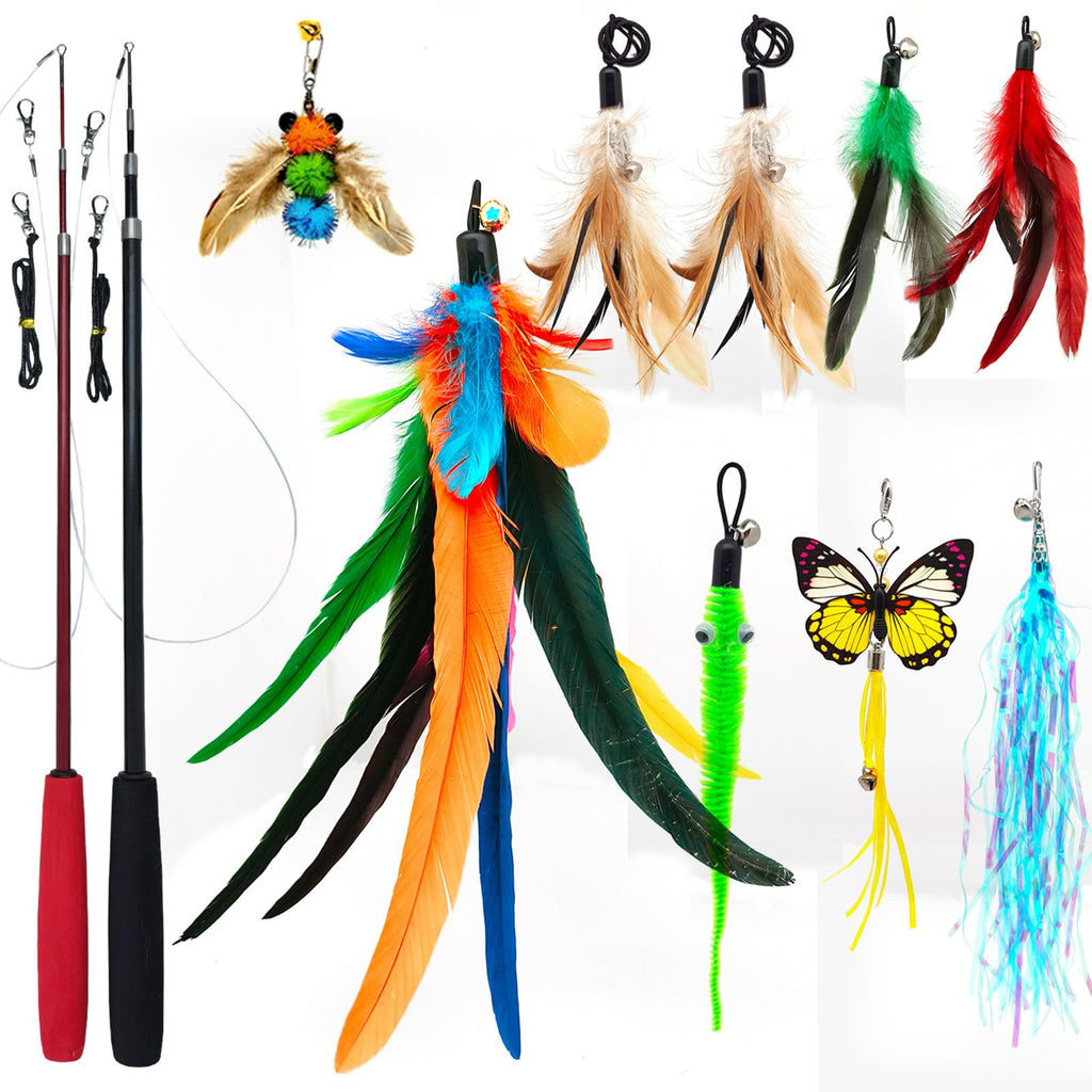 2PCS Retractable Cat Teaser Wands & 9PCS Feather Recharges Jeu de jouets Tige télescopique double taille