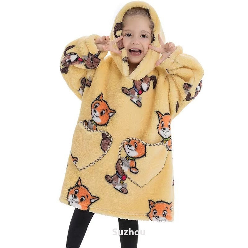 Garçons et filles Velours de coton confortable Vêtement résistant au froid Lazy Blanket Hooted Plus-size