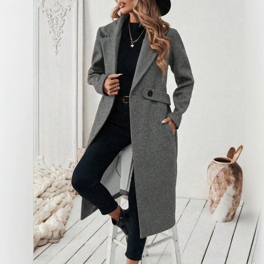 Manteau en laine de couleur unie pour femmes avec un motif Lapel et double-bras
