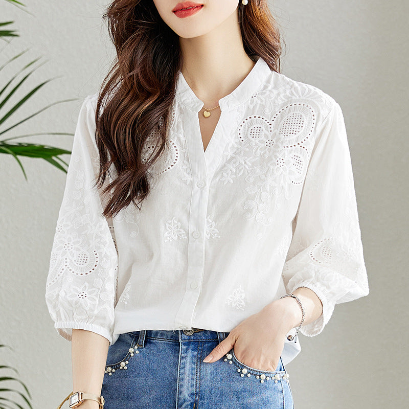 Blouse blanche à col V Manches à trois quarts Arrivée Coton pur