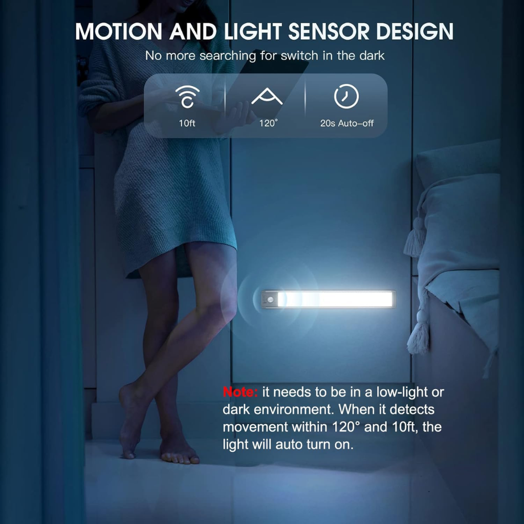 2 Pack Capteur de mouvement rechargeable de 10 pouces sous les lumières de l'armoire 5 niveaux Dimmable magnétique W