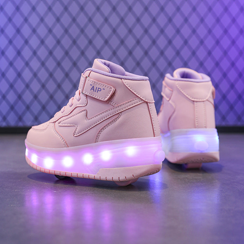Chaussures de marche en cuir de jeunes patins à roues doubles