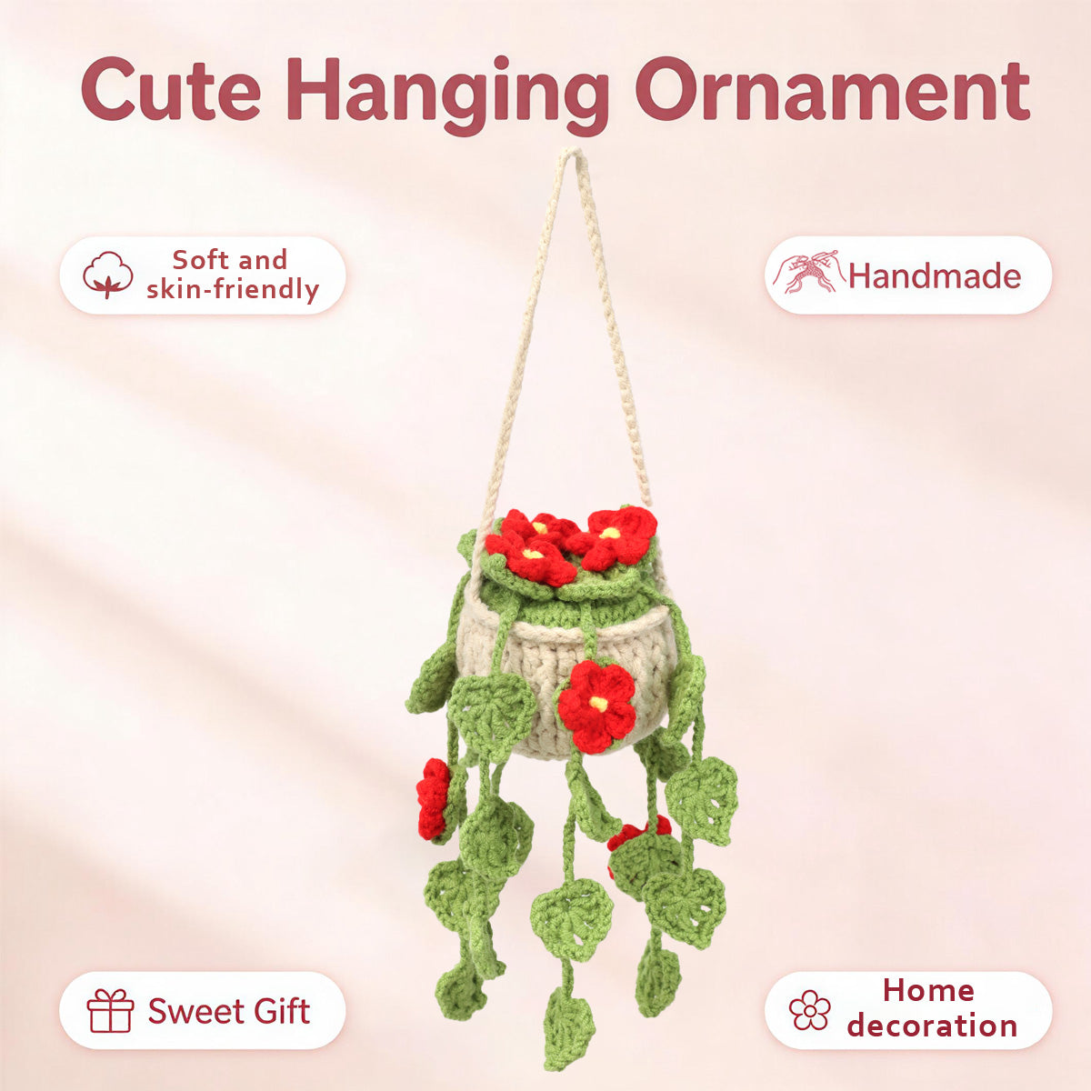 Crochet à la main suspendu ornement Pot avec trailing brillant rouge Blossoms et feuille verte