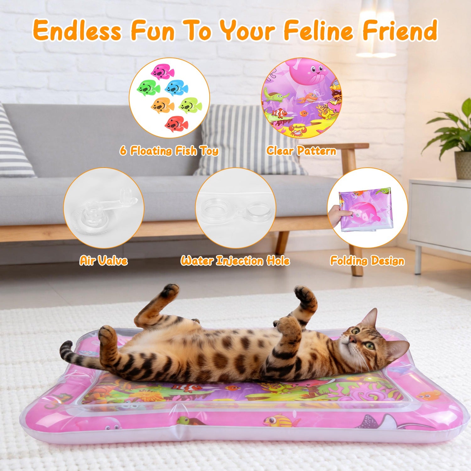 Mat d'eau chat interactif de jeu sensoriel avec des jouets flottants de poisson LED couleur changeant ligh