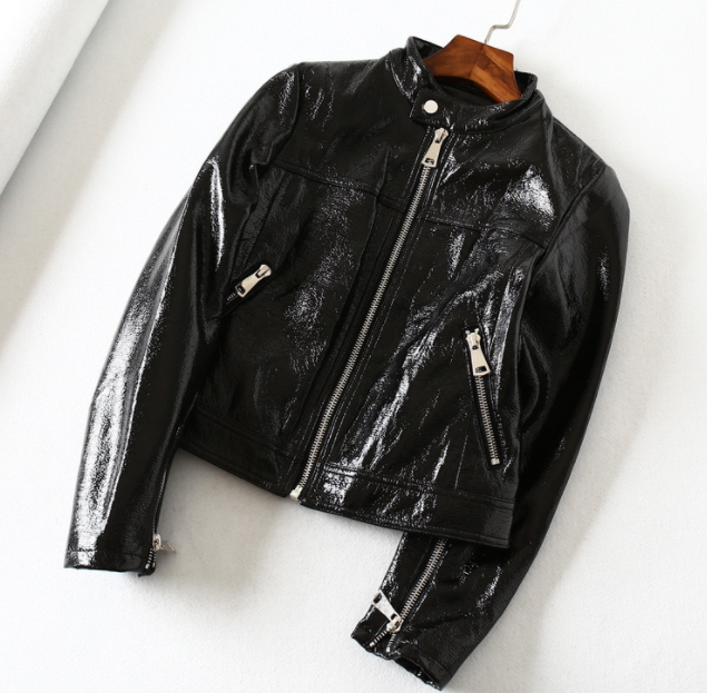 Veste noire en cuir brillant PU courte moto en cuir Veste femme