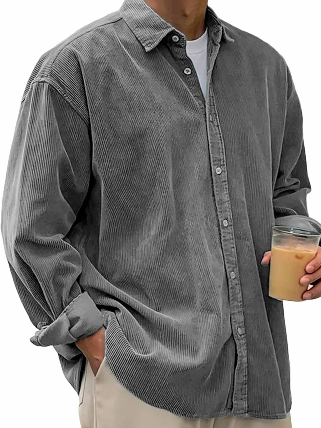 European And American Men's Casual Loose Solid Color Corduroy Lapel Shirt Indépendant Site
