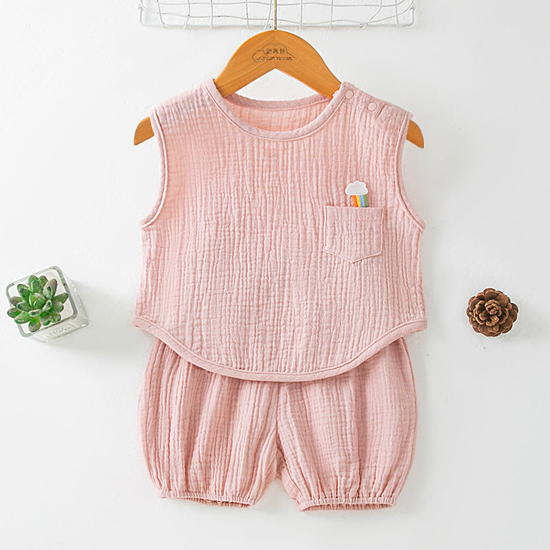 T-shirt de fil de coton pur d'été et short mince pour enfants