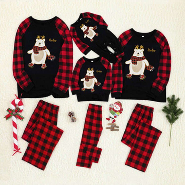 Ebay Christmas Plaid Cartoon Bear Imprimé Parent-enfant Port de longues manches Pajamas Homewear S