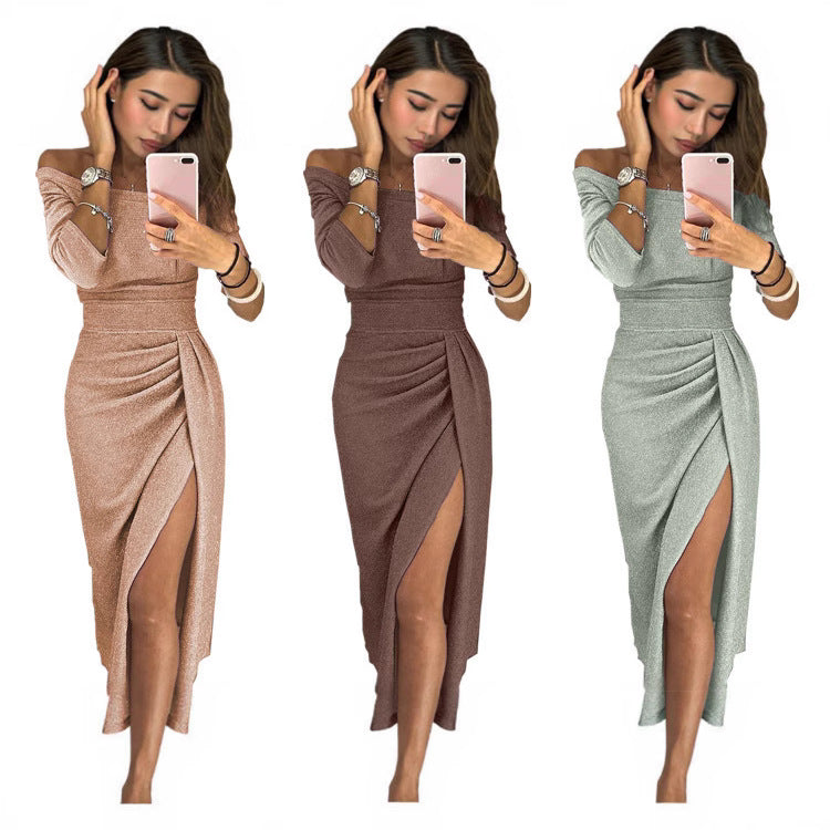 European And American Amazon EBay Lady Hip Slit une ligne Collar robe robe brillant Di