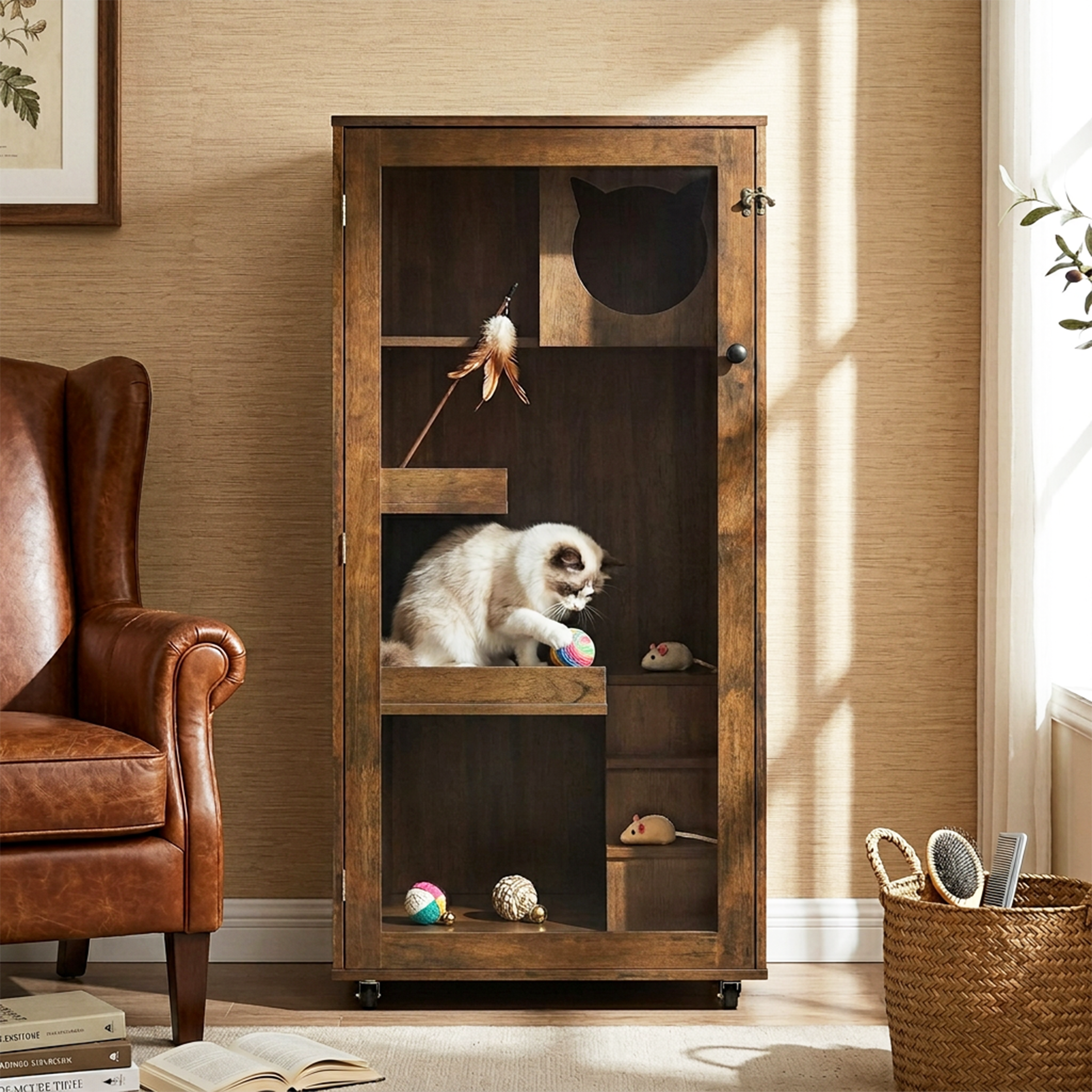 Armoire de chat en bois de caoutchouc intérieur Basia avec roues