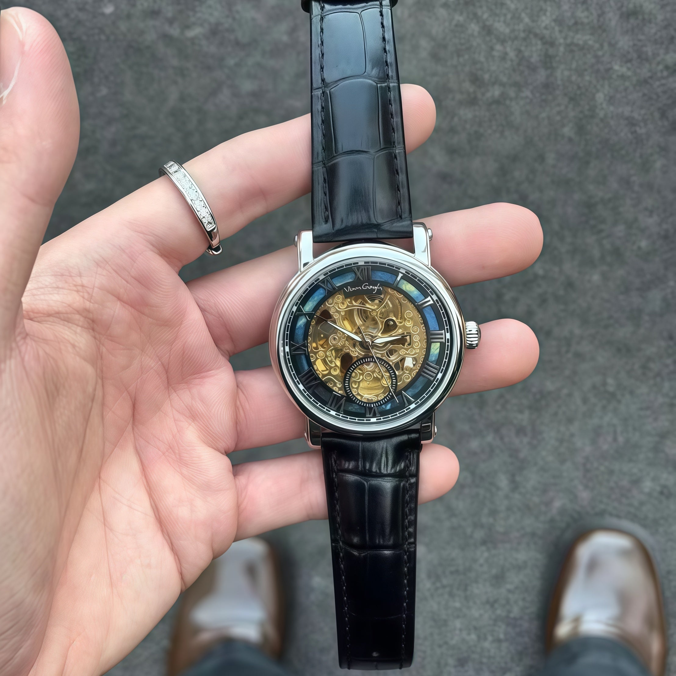 VAN GOGH Starry Night Series Cadran bleu Mouvement mécanique Skeleton Montre quotidienne étanche