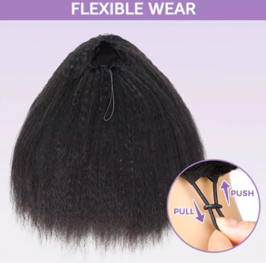 3-en-1 Demi-perruque cheveux humains avec cordon kinky cheveux droits
