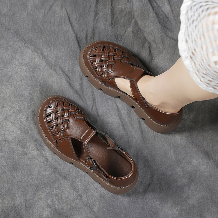 Plate-forme en cuir plein grain pour femmes Velcro Sandales