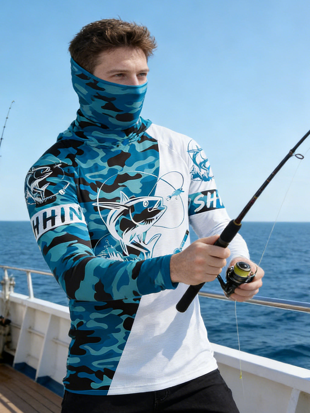 Pêche Hoodie UPF 50 anti UV voile chemise Surf couverture visage cou été hommes manches longues