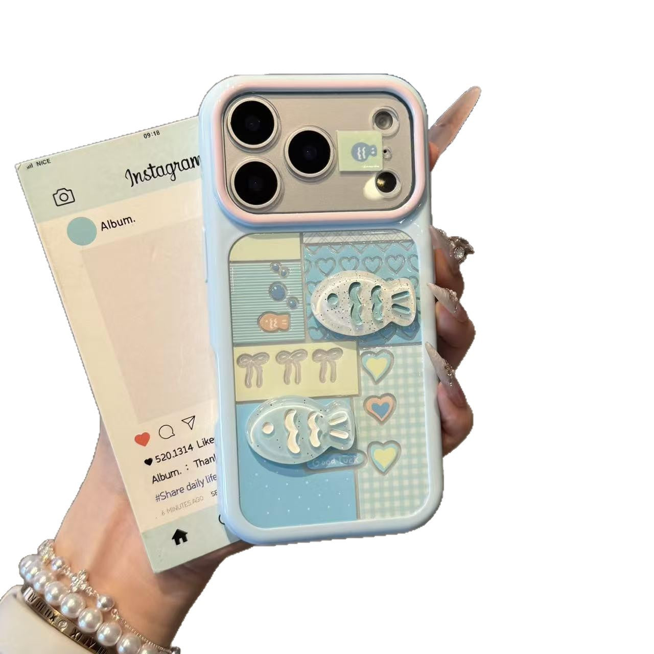 Coeur Plaid en bloc de couleur et cas de téléphone de poisson 3D