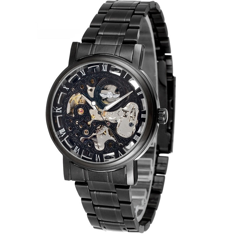 Lauréat Round Hollow Transparent Montre en acier mécanique