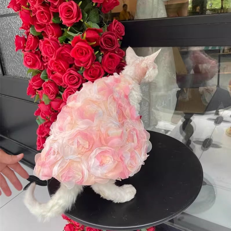 Vêtements de chat sans cheveux Double-Layer Mesh 3D Rose robe princesse
