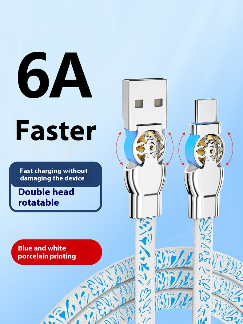 Double câble de données à charge rapide en porcelaine bleue rotative et blanche