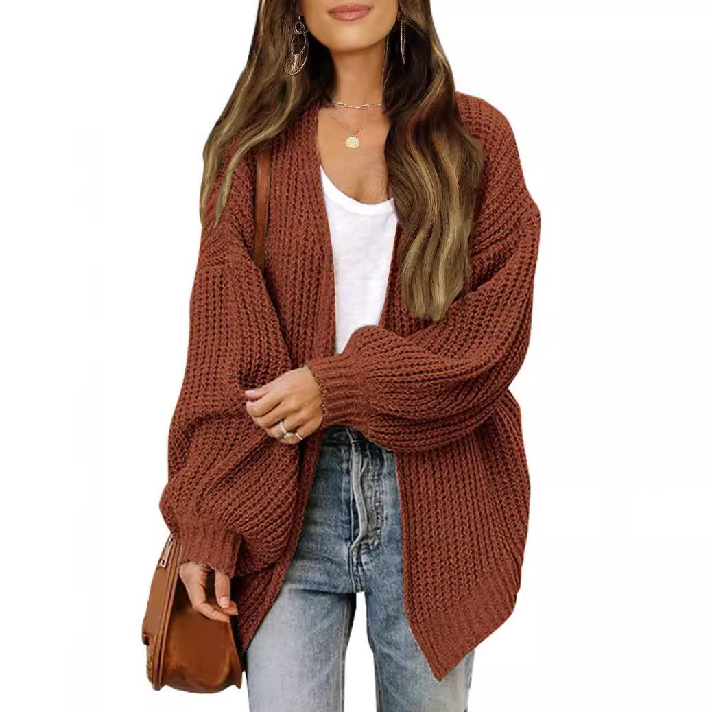 Lanterne à manches féminines Chunky-knit Cardigan Sweater Coat