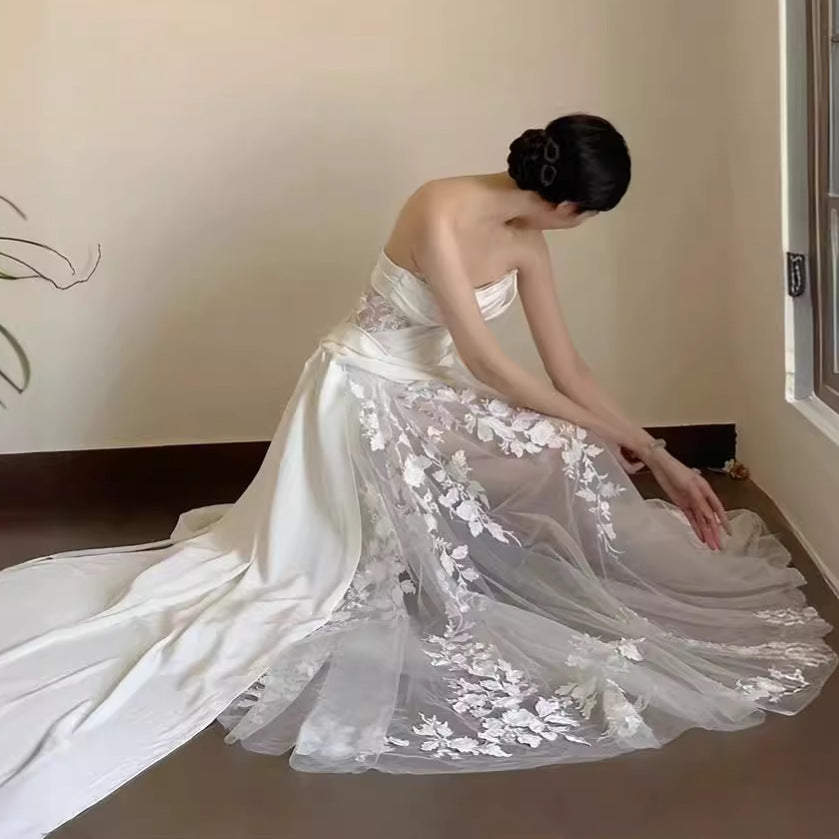 Satin Dentelle Veil Tube de mariage Top Robe de mariée en queue de poisson