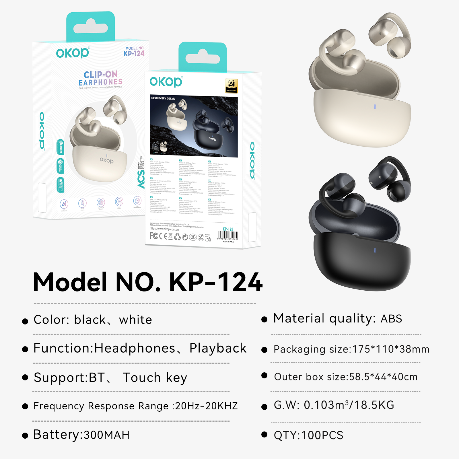 KP-124 Casques Bluetooth sans fil à clips d'oreilles sans fil de la meilleure vente