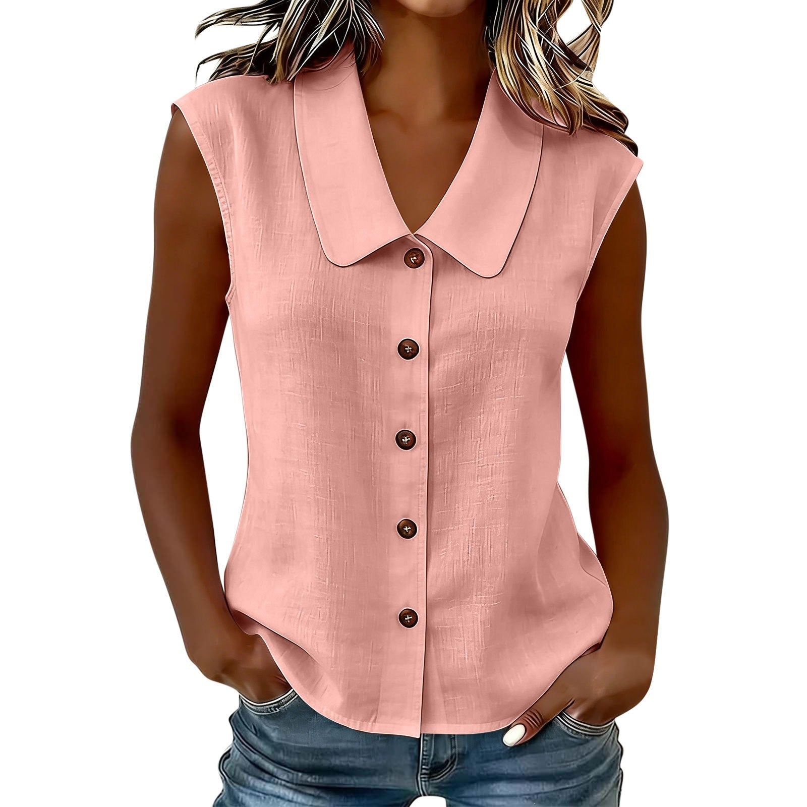 Printemps été femmes S Élégante entreprise Polo cou bouton bas Blouse sans manches