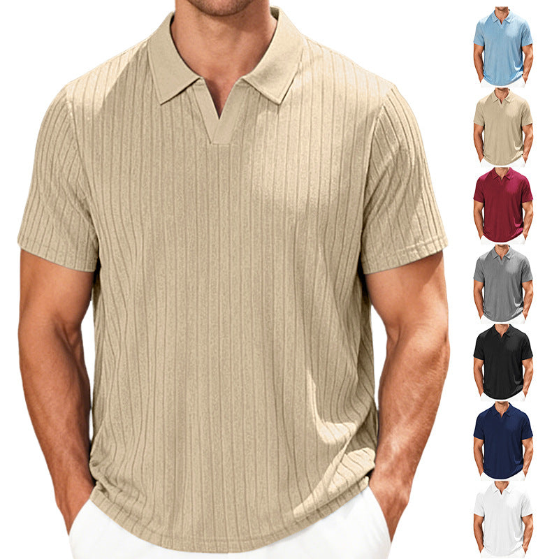 European and American Men's Summer Casual Torchon respirant Jacquard Tissu Turn-Down Colla