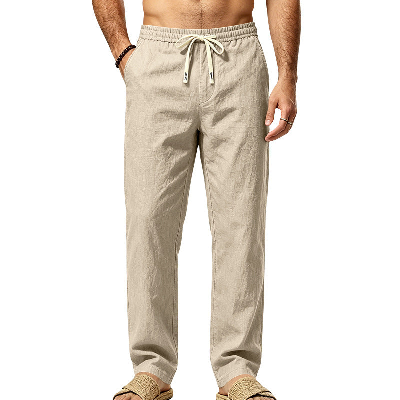 Mens Jambe droite Couleur solide Pantalon en lin casual avec cordon drawstring et élastique