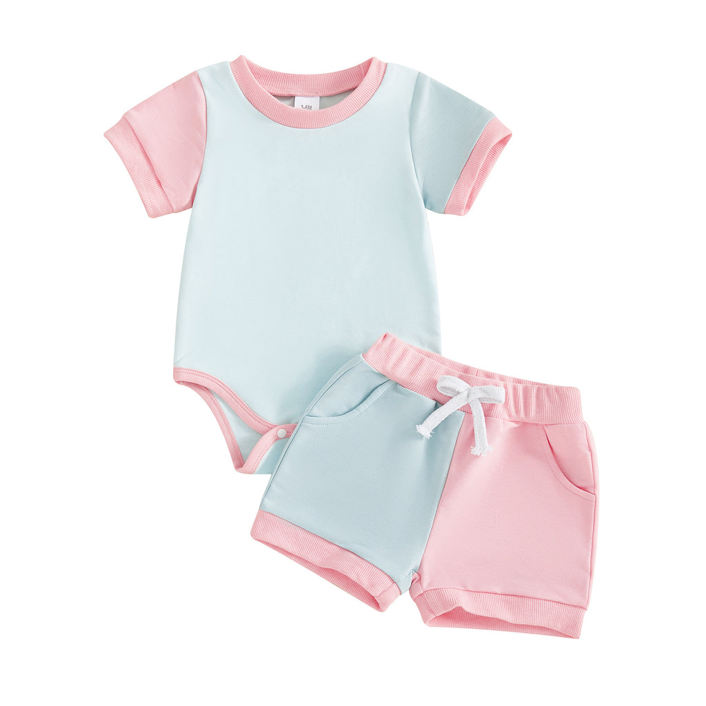 Les filles couleur-bloc à manches courtes Romper et shorts ensemble