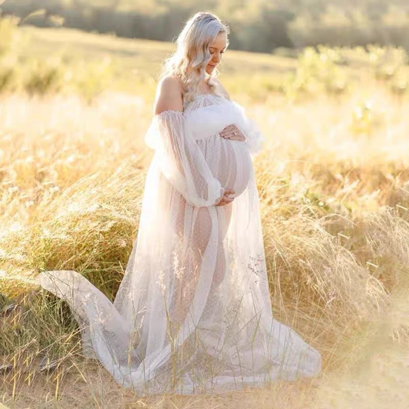 Dot Mesh Hors-épaule Puff Sleeve Femmes enceintes Robe de mapping